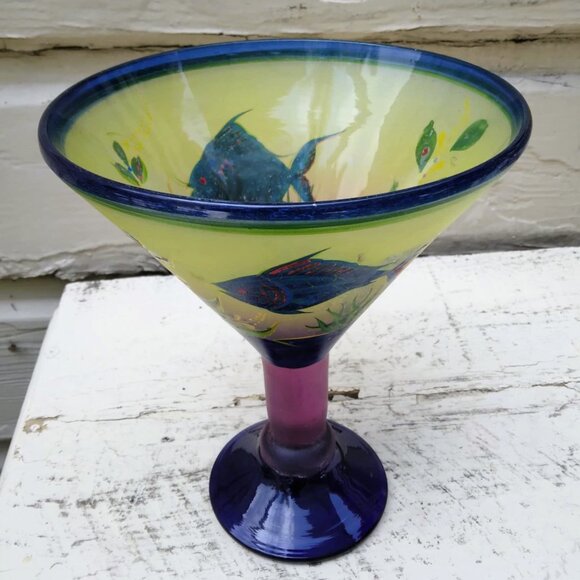Tropical Vintage Blown Glass Martini Vase with Hand Painted Angel Fish Seascape - Picture 7 of 13